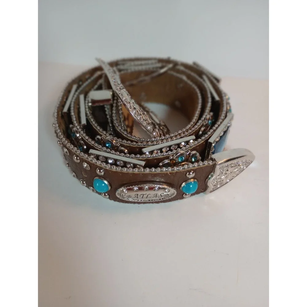 WB Atlas Brown Leather Blue Crystal Jeweled Western Belt Silver Buckle XL 48